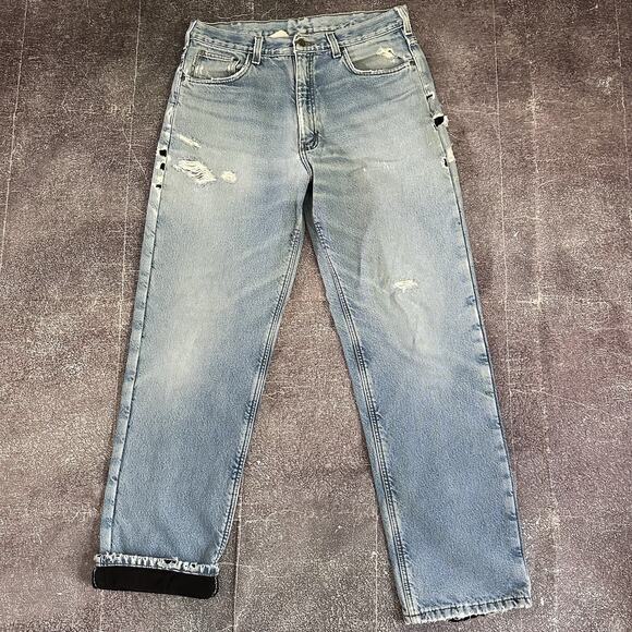Men's Vintage 90's Carhartt Distressed Fleece Lined Blue Work Jeans Sz 34 X 32 - Picture 1 of 5